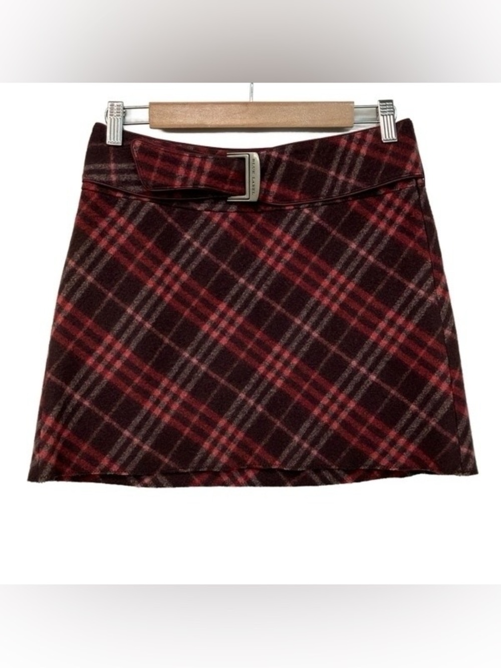 Burberry Burgundy and Red Plaid Mini Skirt with Buckle Waist vintage size 2